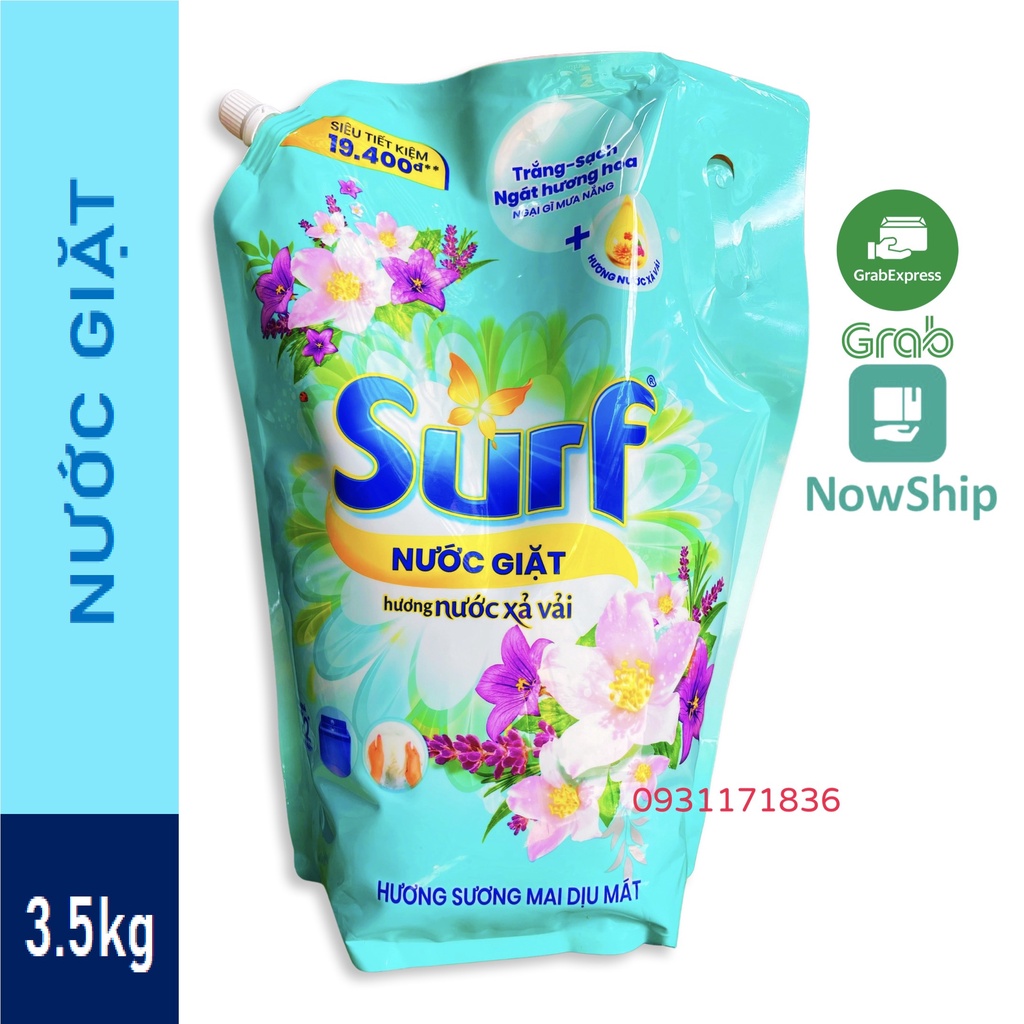 SURF Túi Nước Giặt 3.5kg 3.5 kg Xanh Hương Sương Mai có nắp vặn 3.3l 3.3 lít
