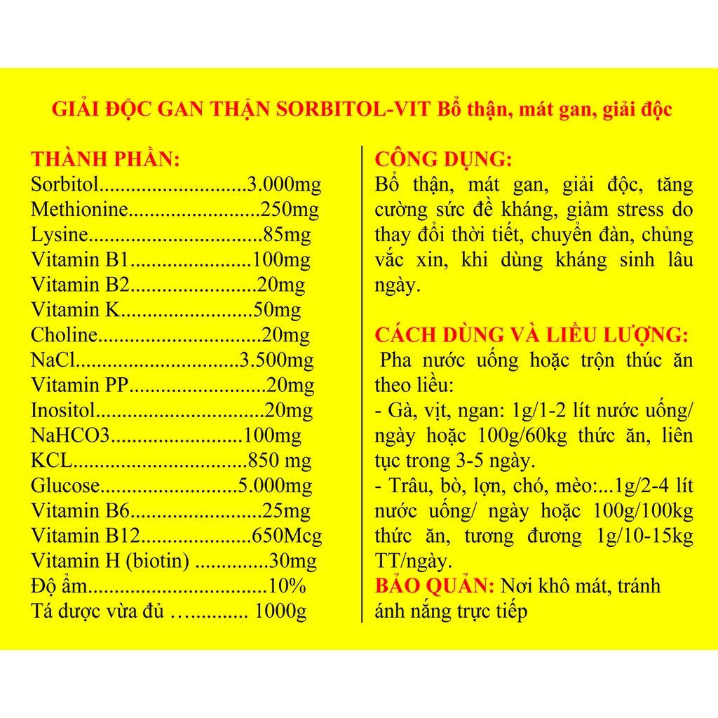 1 gói Giải độc gan thận Sorbitol-Vit 100g  bổ thận, mát gan, giải độc dùng tốt cho gia súc, gia cầm, chó mèo, gà chọi