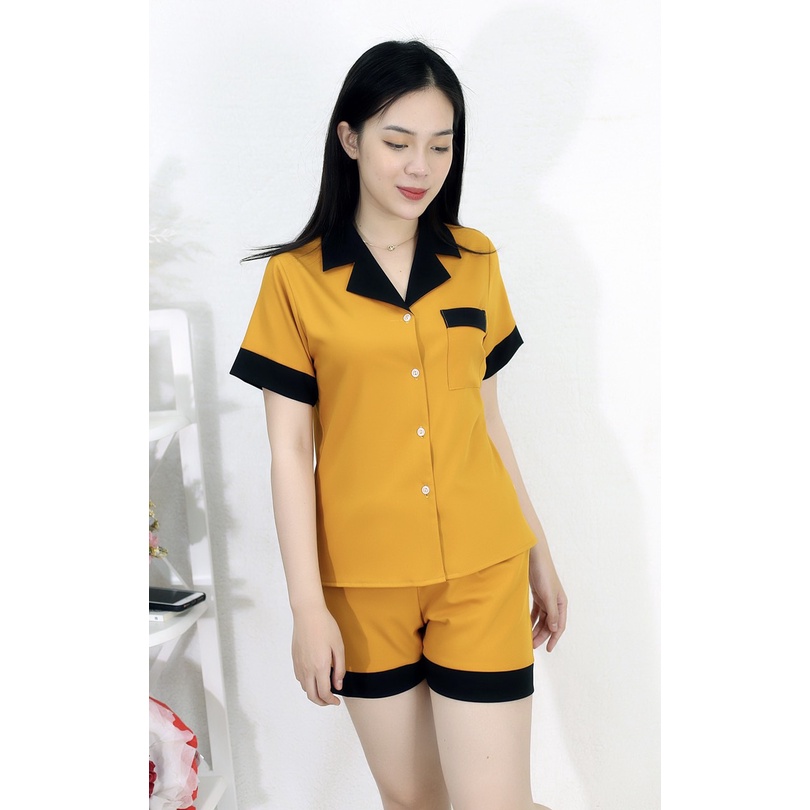 Bộ đồ bộ Pijama NGẮN VÀNG PHA CỔ ĐEN vải siêu lụa - Thoải Mái Nhẹ Nhàng
