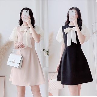Váy nữ Charme thiết kế váy nơ cổ phối tay tơ xinh xắn 3106