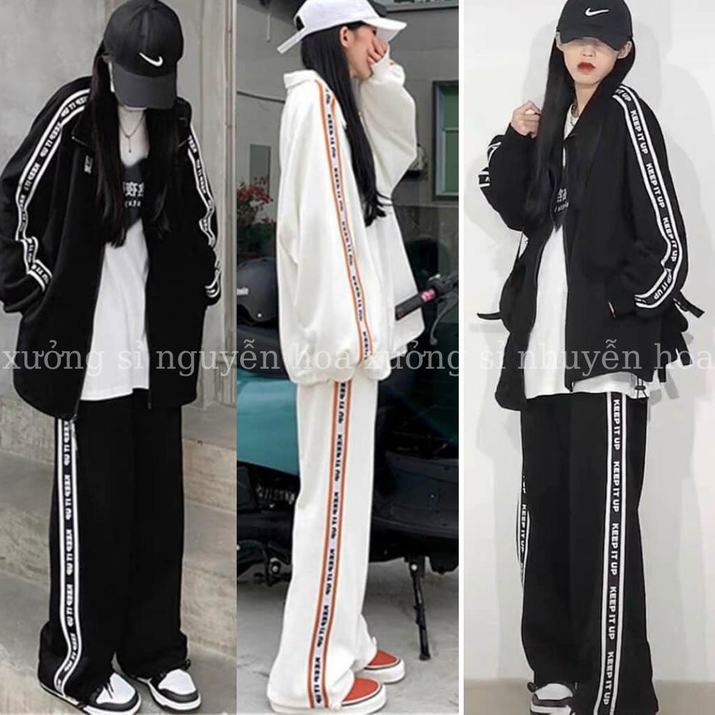 set bộ nỉ nữ thu đông form dáng rộng áo khoá kéo khóa rót sọc in chữ Keep It Up kèm quần suông kiểu dáng unisex