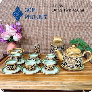 Bộ Ấm Trà ⚱ Gốm Sứ Bát Tràng ⚱ Bộ Ấm Chén Uống Trà Vuông Vàng Khắc Nổi Hoả Biến Gomphuquy Ac85