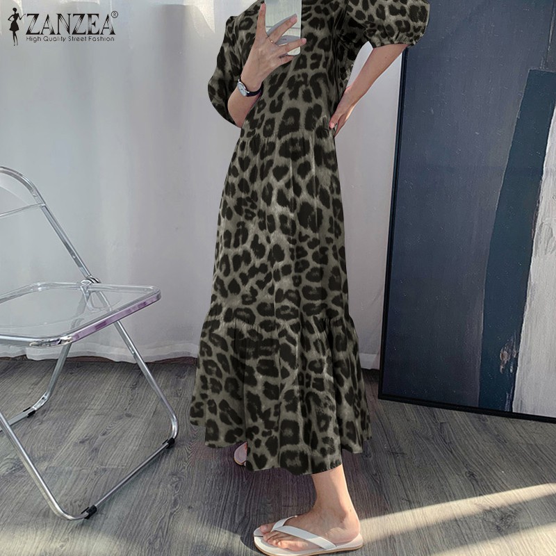 ZANZEA Đầm Maxi Tay Phồng Họa Tiết Da Báo Thời Trang Cho Nữ | BigBuy360 - bigbuy360.vn