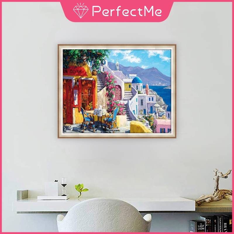 Bộ Tranh Đính Đá 5D Họa Tiết Phong Cảnh Santorini Độc Đáo DIY 50x40cm