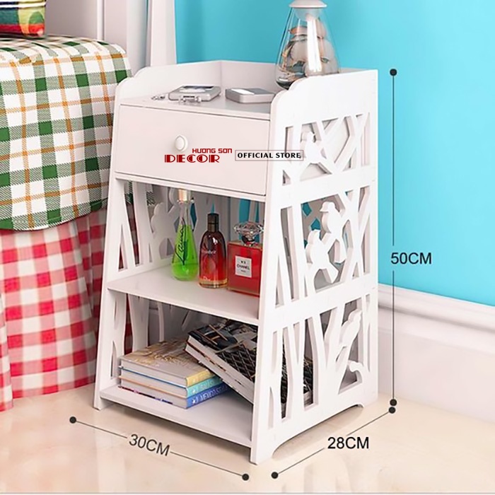 Tủ đầu giường mini trang trí phòng ngủ chất liệu gỗ PVC mầu trắng sang trọng TĐG