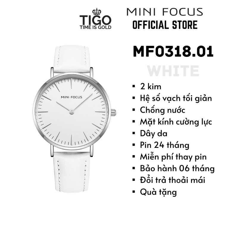 Đồng hồ nữ MINI FOCUS MF0318L.01 dây da thật màu trắng viền thép không gỉ màu bạc 2 kim hàng chính hãng cao cấp Nhật Bản