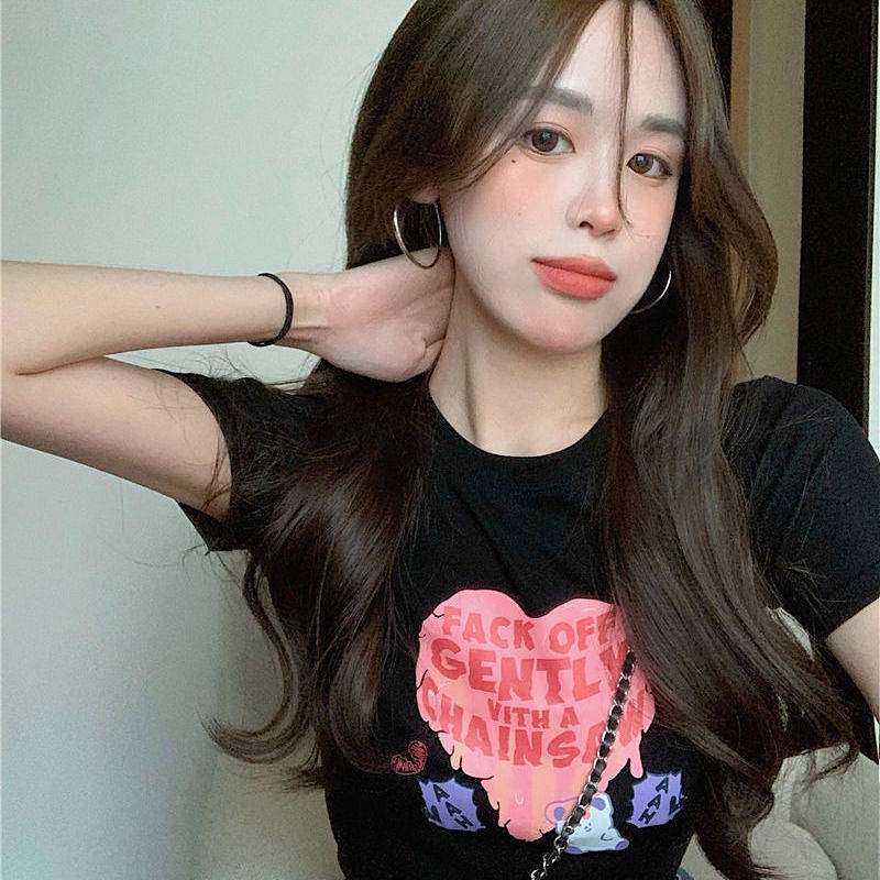 Cotton New Summer T-shirt Love Bear Short Bare Midriff Slim Fit Women's Short Sleeve Slim Fit All-Match Women's Shirt Ins Fashion JRUI