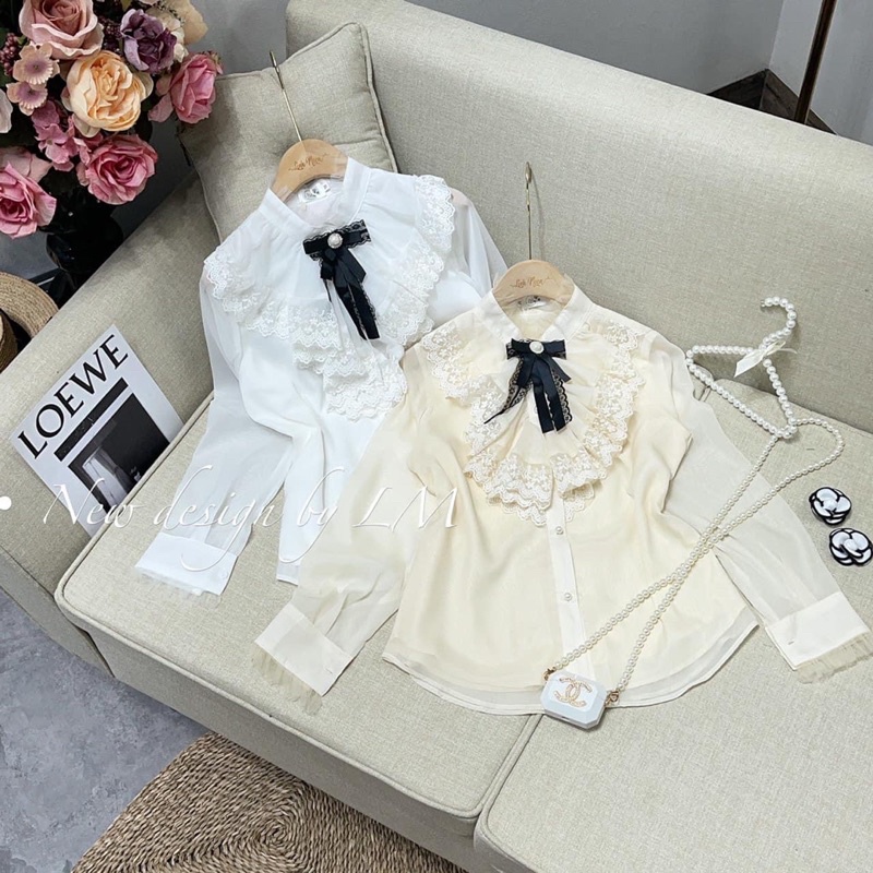 [Mã FAMARAL1 giảm 10K đơn 50K] Áo SƠ MI nữ CỔ REN TIỂU THƯ phối nơ m114