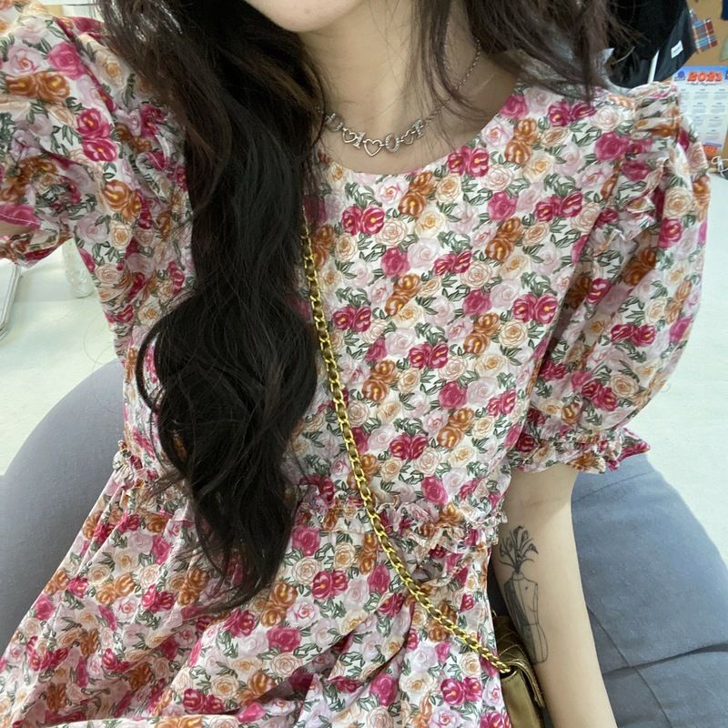 French round neck floral short-sleeved dress women's summer 2022 new Korean style high waist slimming A- line dress