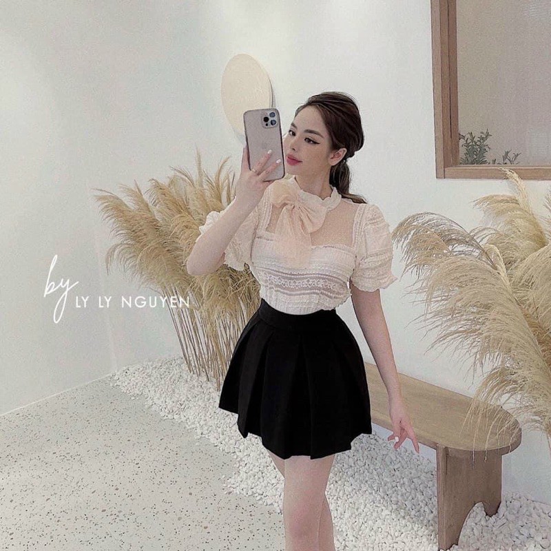 Áo sơ mi ren cộc tay nơ lệch