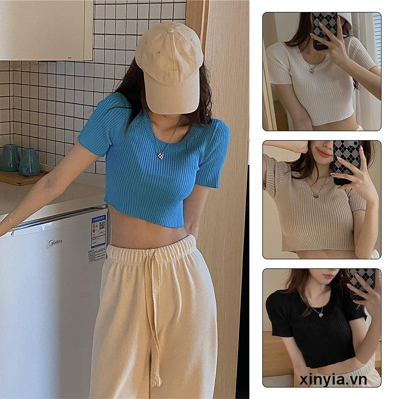 🌺 Áo Croptop Dệt Kim Nữ Tay Ngắn Ôm Dáng Họa Tiết Kẻ Sọc Dọc Thời Trang Mùa Thu Cho Nữ