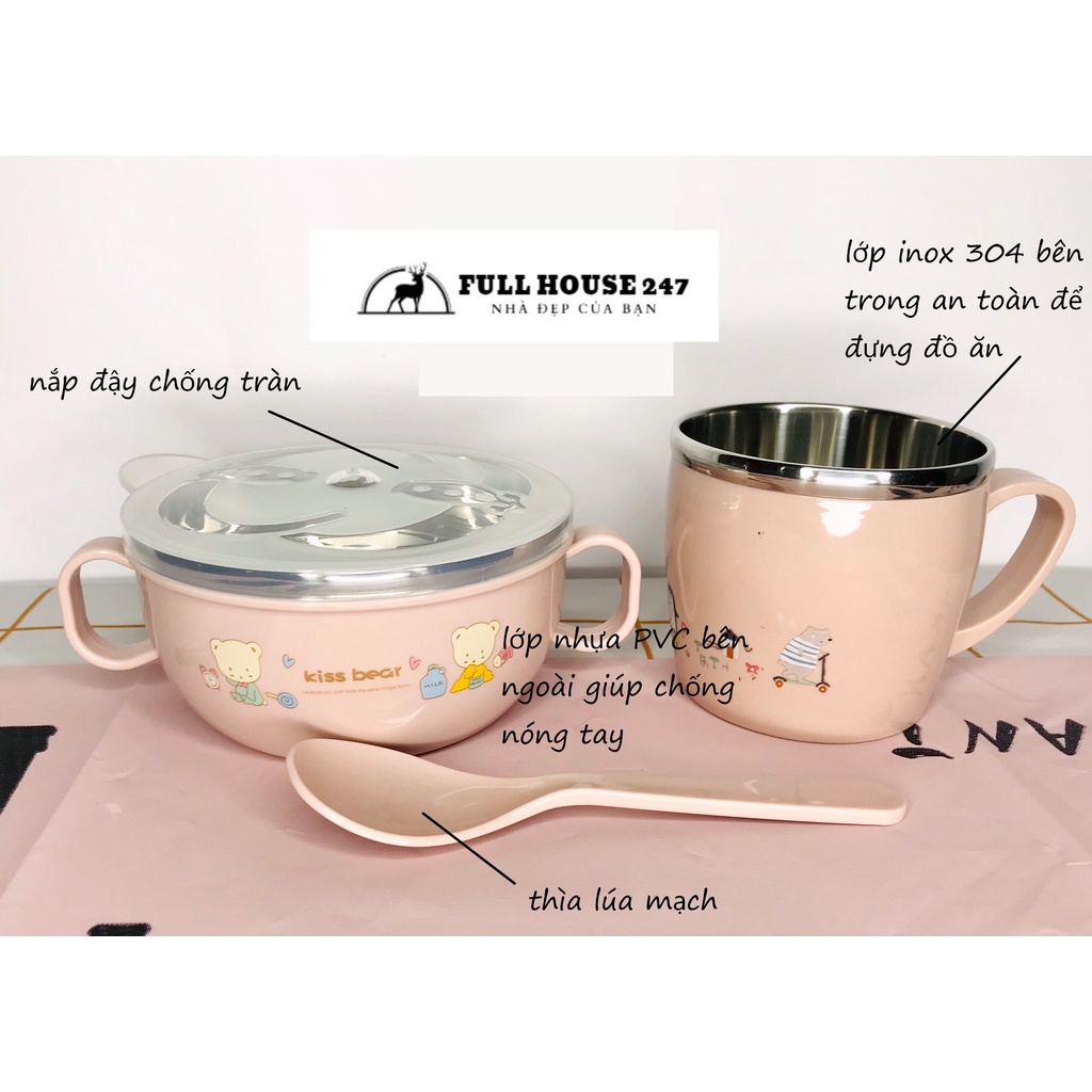 Bát ăn dặm lõi inox giữ nhiệt vỏ nhựa chống vỡ kèm thìa và nắp