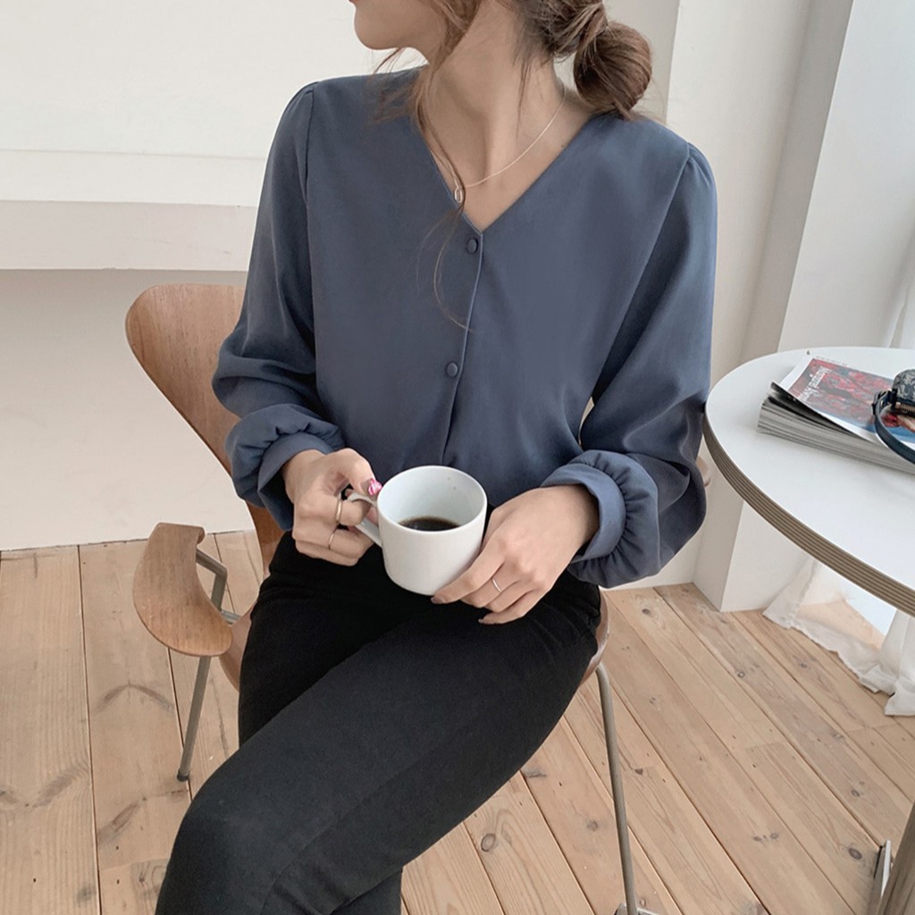 Áo Sơ Mi Tay Dài Cổ Chữ V Màu Trơn Dành Cho Nữ 38597