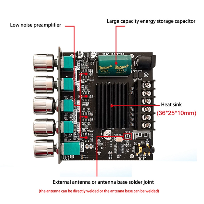 Bảng Mạch Khuếch Đại Âm Thanh Kỹ Thuật Số ZK-MT21 2.1 BT5.0 + AUX TPA3116 50Wx2 + 100W Công Suất Cao