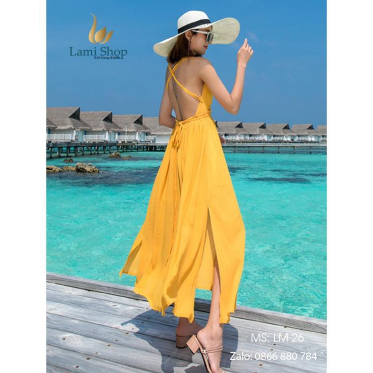 Váy đi biển hở lưng màu vàng - Lami Shop new ⚡ *