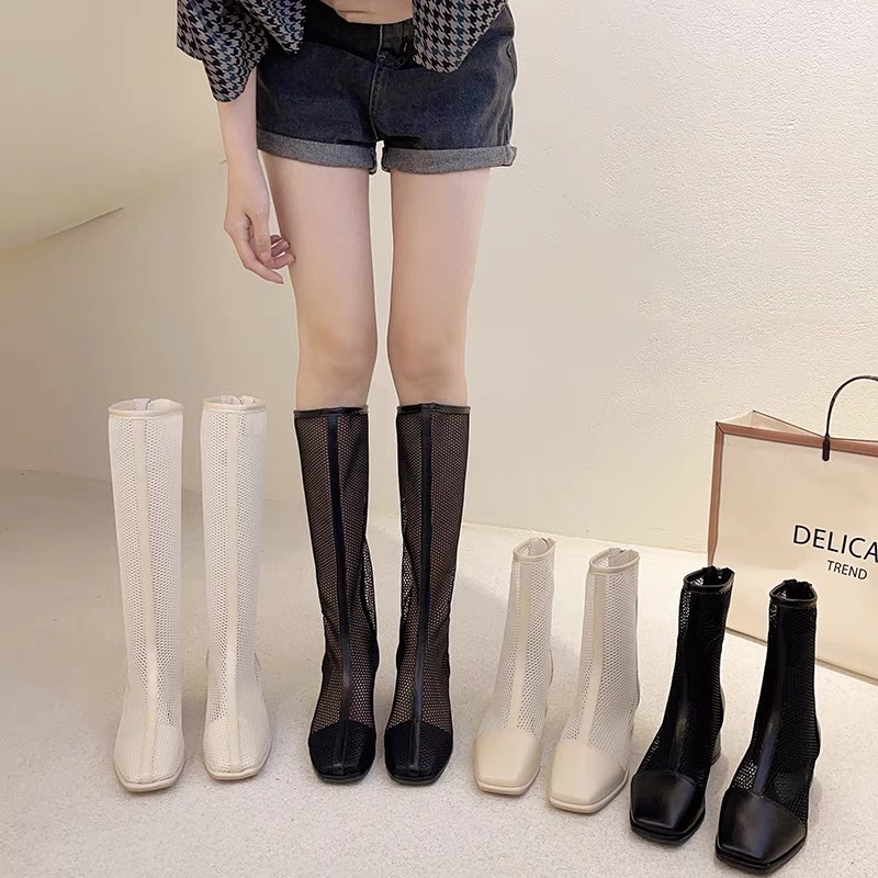 Boots lưới ulzzang cổ ngắn và cổ cao gót vuông cao 5cm