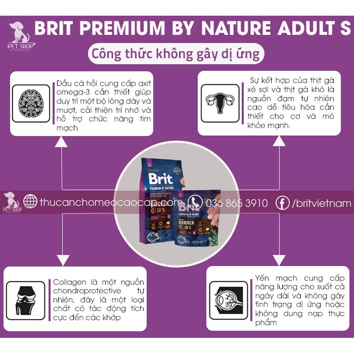 [ Vị Thịt Gà Tươi]:Thức Ăn Cho Chó Poodle Trưởng Thành Trên 12 Tháng Tuổi Brit Premium by Nature Adult S