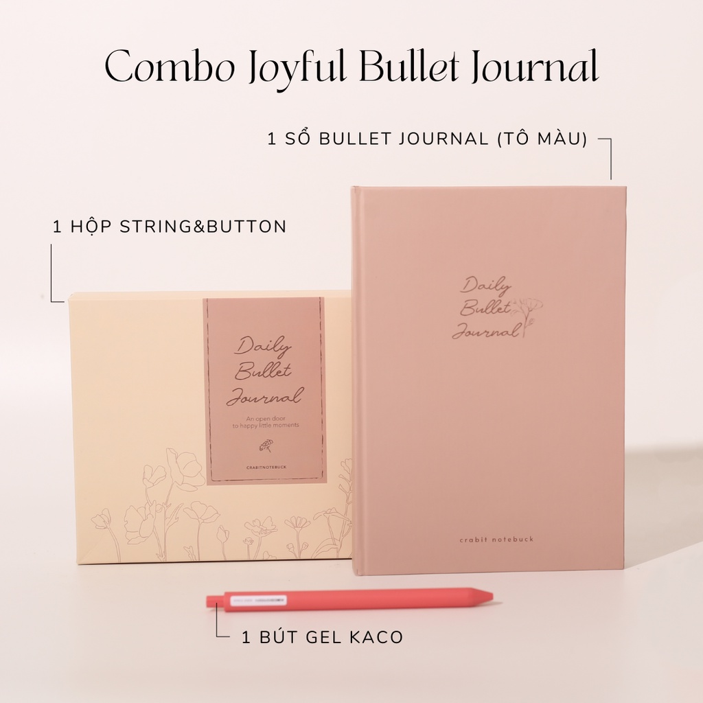 Combo Sổ Crabit Joyful Daily Bullet Journal + 1 Bút Kaco - Sổ trang trí in sẵn layout bullet journal đơn sắc 12 tháng