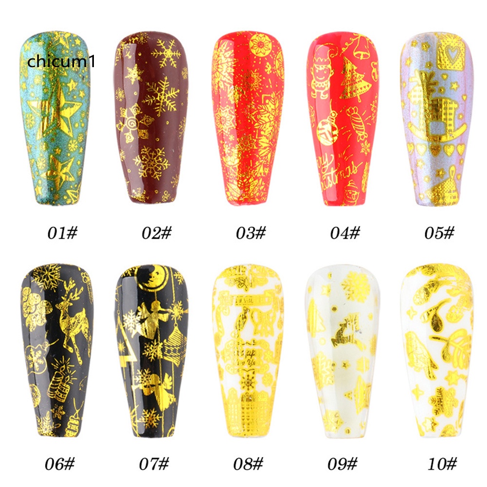 (Hàng Mới Về) Set 10 Miếng Dán Trang Trí Móng Tay Họa Tiết Bông Tuyết Giáng Sinh