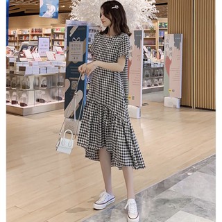 Đầm váy freesize caro đuôi cá lệch tà