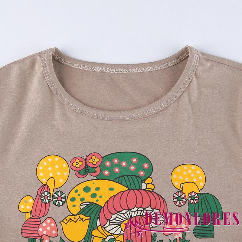 Áo Croptop Tay Ngắn Cổ Tròn Hoạ Tiết Hoạt Hình Cho Nữ