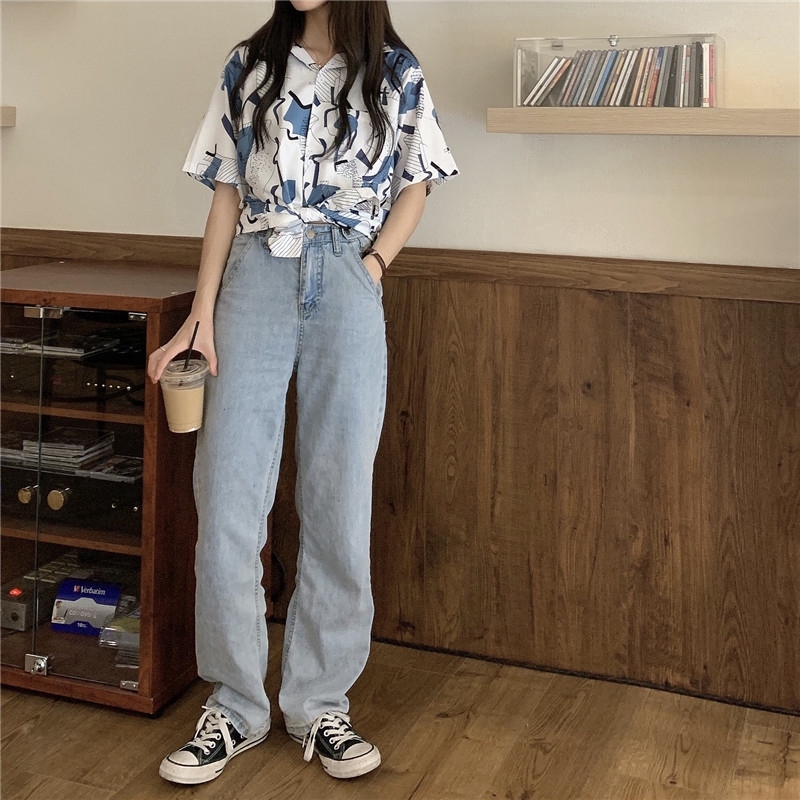 SUXI Áo Sơ Mi Tay Ngắn Cổ Chữ V Hoạ Tiết In Phong Cách Vintage Cá Tính