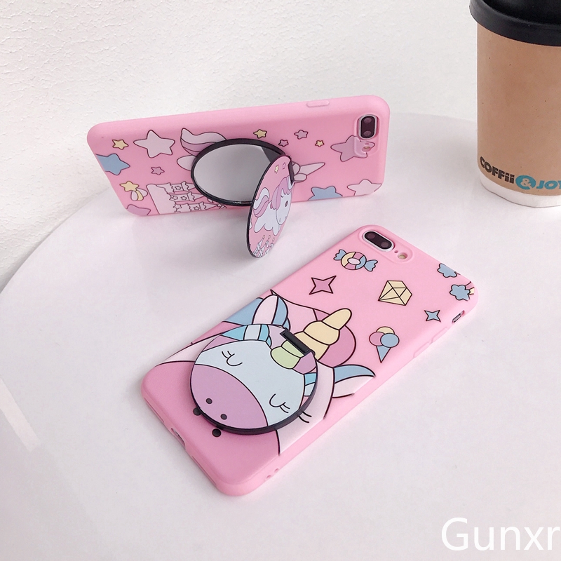 Cute Pink Unicorn Makeup Mirror Case Ốp lưng Iphone 6 6s 6plus 7 8plus XS XR XSmax 11 pro Max SE Soft Silicone Case