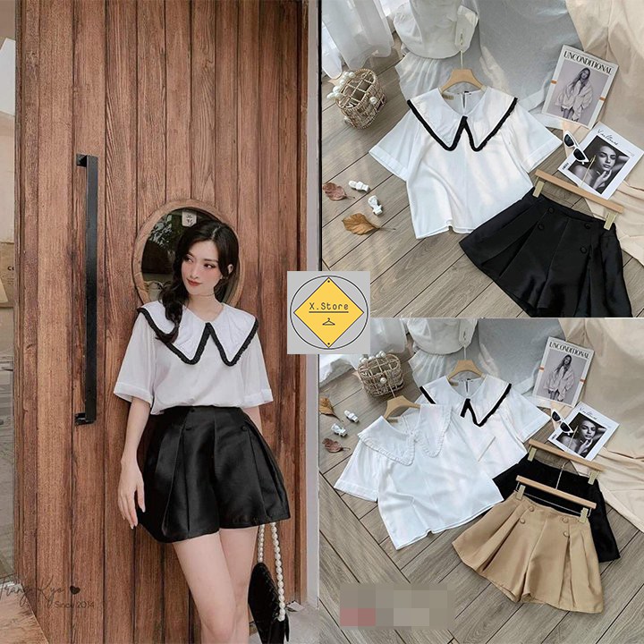 Set Áo Cổ Bèo Mix Quần Cúc Xếp Li Unisex X.store Có Ảnh Thật + Đánh Giá