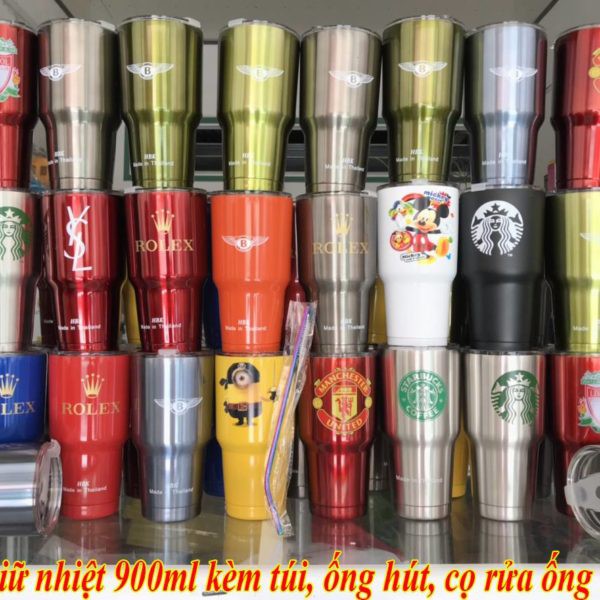 Cốc Giữ Nhiệt Thái Lan 900ml Chống Trào Tiện Lợi + Tặng Kèm Full Bộ Phụ Kiện Ống Hút Tái Sử Dụng Và Túi Đựng