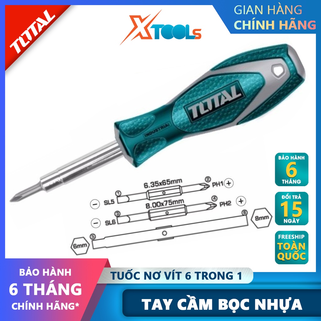 Bộ tuốc nơ vít 6 đầu TOTAL THT2506076 | Bộ tua vít kích thước 4 chi tiết 6.35*65mm, 8.00*75mm [CHÍNH HÃNG] [XTOOLs]