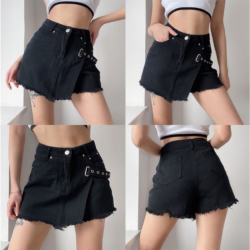Quần Short Denim Màu Đen Lưng Cao Cài Khóa Kim Loại Phong Cách Gothic Punk Cho Nữ