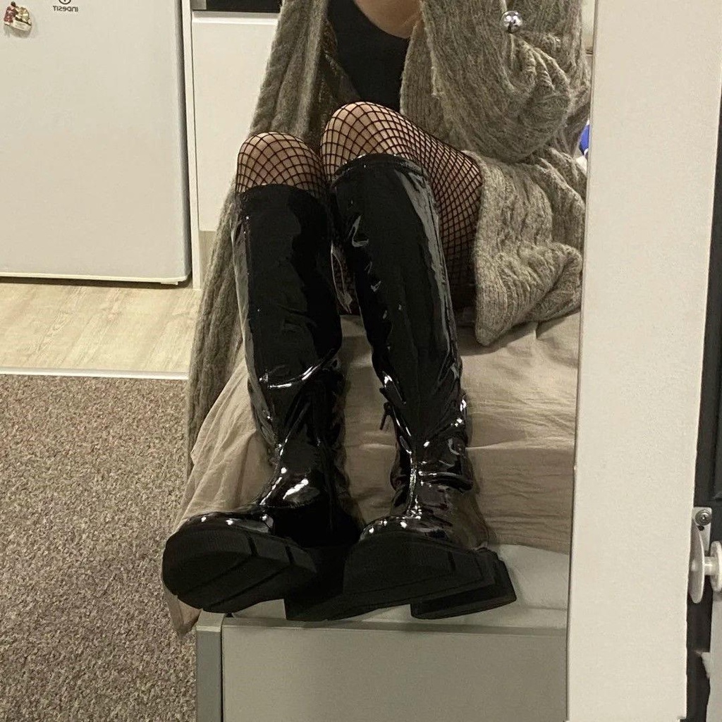 Giày Bốt Da Bóng Za2021 Co Giãn Tốt Đế Bằng Phối Khóa Kéo Bên Hông Thời Trang Mùa Thu Cá Tính