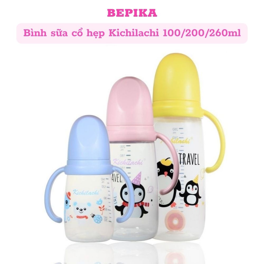 Bình sữa cổ hẹp Kichilachi PP có núm ty siêu mềm cho bé 140ml/200ml/260ml