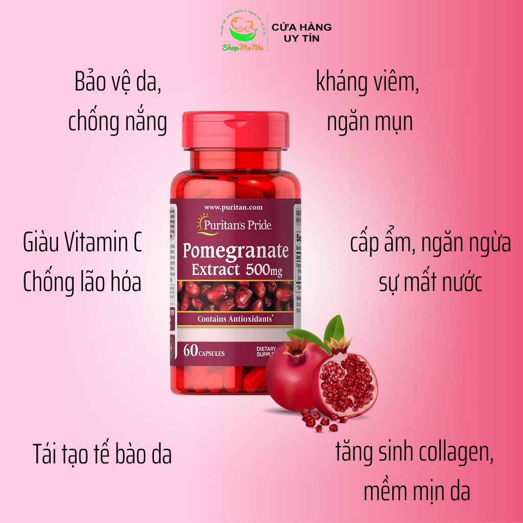 Viên uống chống nắng lựu đỏ, sáng da, ngăn ngừa lão hóa Puritan's Pride 250mg 500mg pomegranate extract 60 viên.