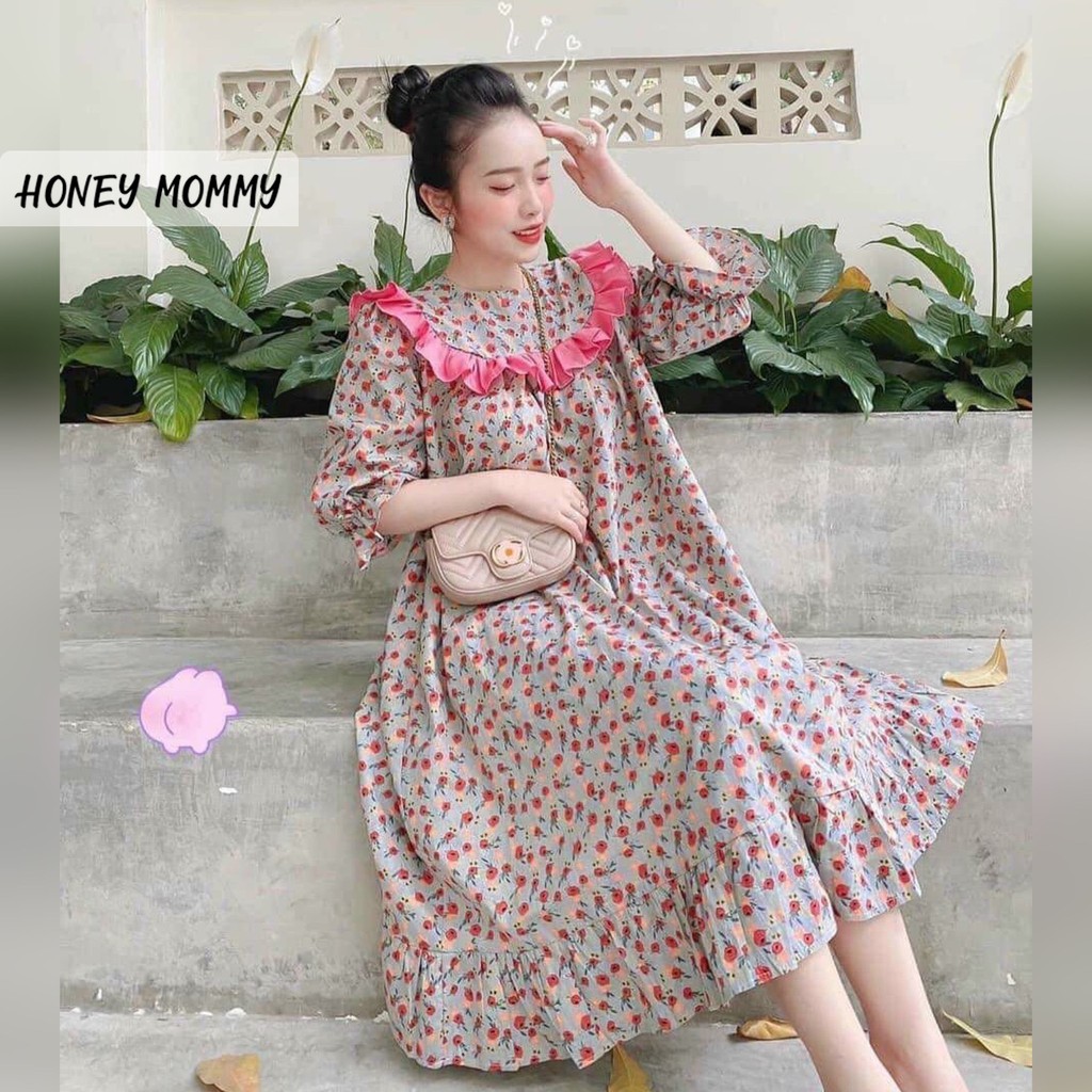 Váy Bầu Hoa Nhí Cổ Bèo Đuôi Cá HD2825 Honey Mommy Đầm Bầu Hè Ngắn Tay Đi Chơi Công Sở