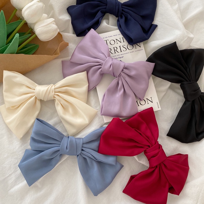 Kẹp Tóc Nơ Bằng Lụa Màu Trơn Đính Ngọc Trai Thời Trang Cho Nữ