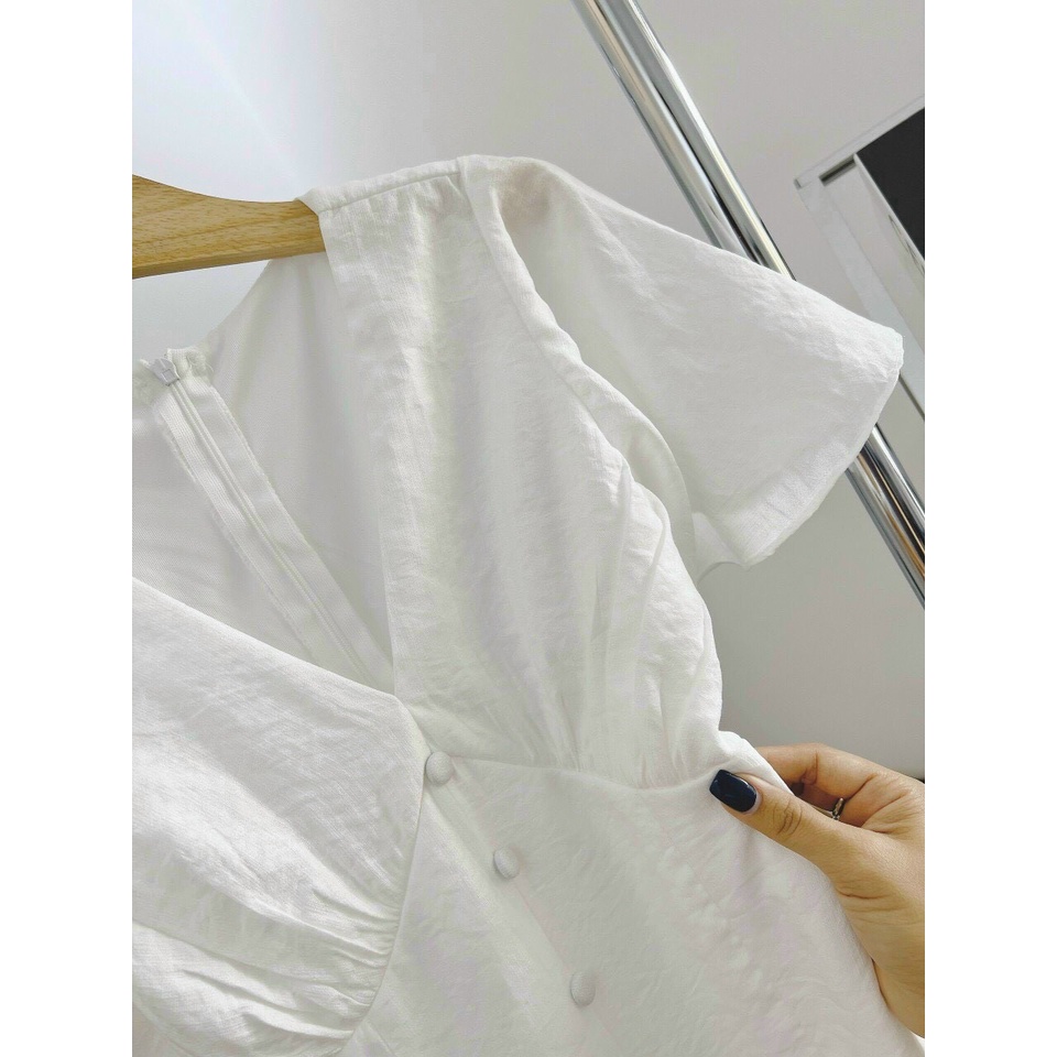 VÁY TRẮNG ĐI BIỂN CỔ TIM LINEN TAY TIÊN NÚT BỌC ĐUÔI CÁ – GD219