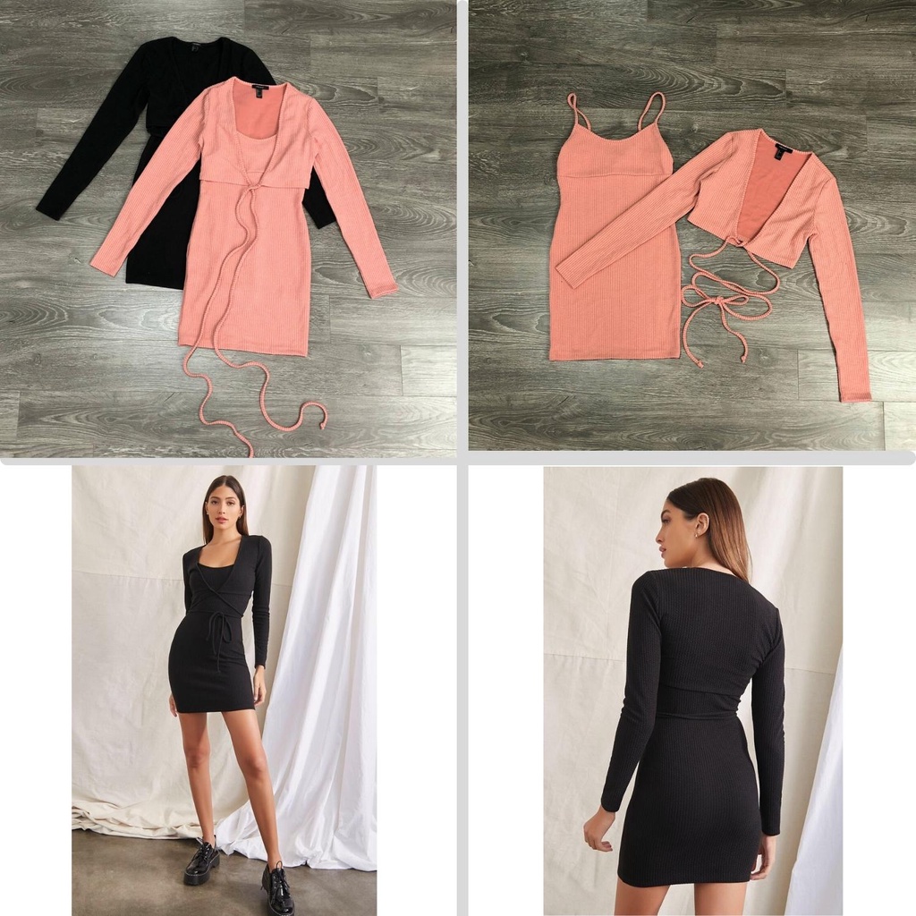 Set Đầm (Váy) + Áo khoác dài tay vnxk hãng F21 / Chất thun gân / Váy 2 dây / Áo khoác croptop