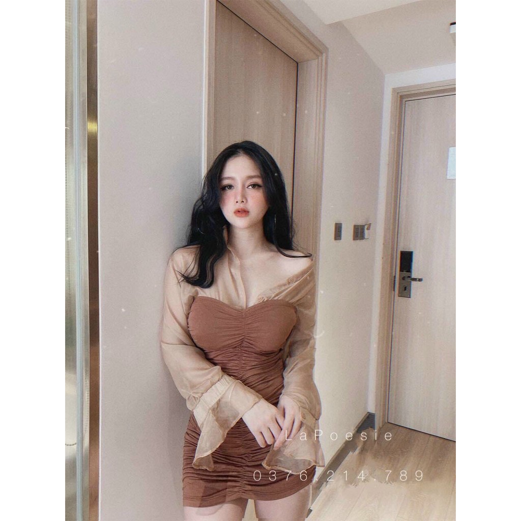 Set đầm body cúp ngực và áo khoác voan thời trang