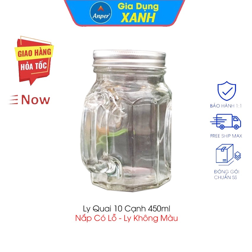 Ly thủy tinh ANPER 450ml cao cấp sang trọng dễ thương có quai có nắp dùng quán nước uống cà phê dinh tố