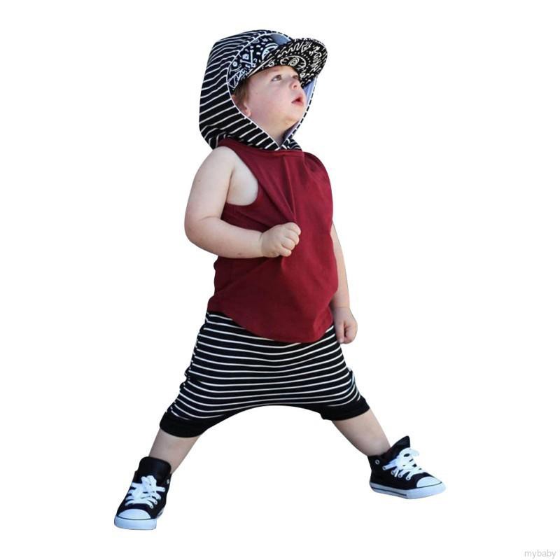 MyBaby Fashion Summer high quality Striped Hooded Sleeveless 2PCS Set