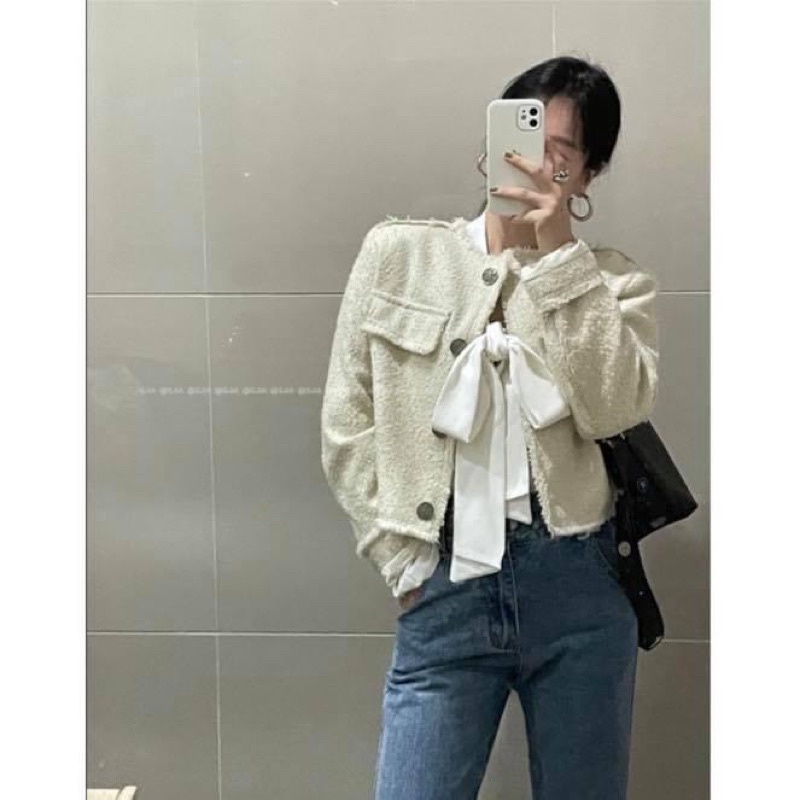 Áo sơ mi kiểu nữ tay dài phồng phối nơ ngực trắng tiểu thư - Order taobao quảng châu