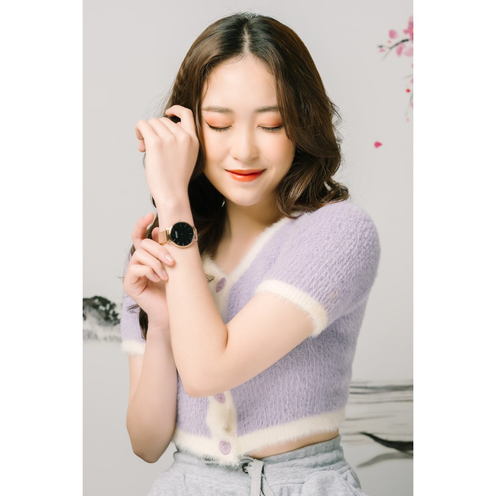 Đồng hồ nữ Julius Star Hàn Quốc JS-027C mặt kính Sapphire dây thép (Đồng mặt đen)