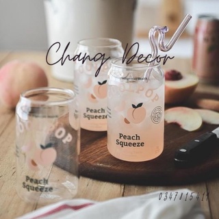 Cốc thủy tinh uống nước ép bia cafe  kèm ông hút họa tiết trái cây phong cách Hàn Quốc hình lon nước- Chang Decor