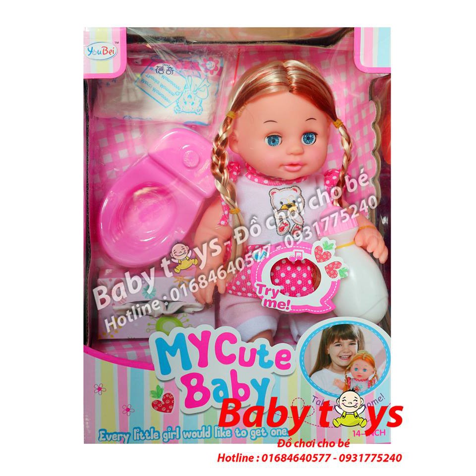 Búp bê Baby Doll bé gái thắt bím 1501: Dùng pin, có âm thanh, biết uống nước, đi vệ sinh, mắt nhắm mở