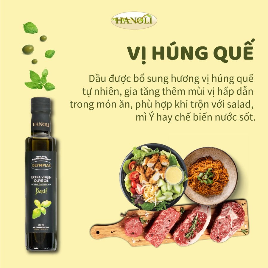 Dầu Oliu Siêu Nguyên Chất Olympias Vị Húng Quế / Extra Virgin Olive Oil 250ml Nhập Khẩu Nguyên Chai Hy Lạp