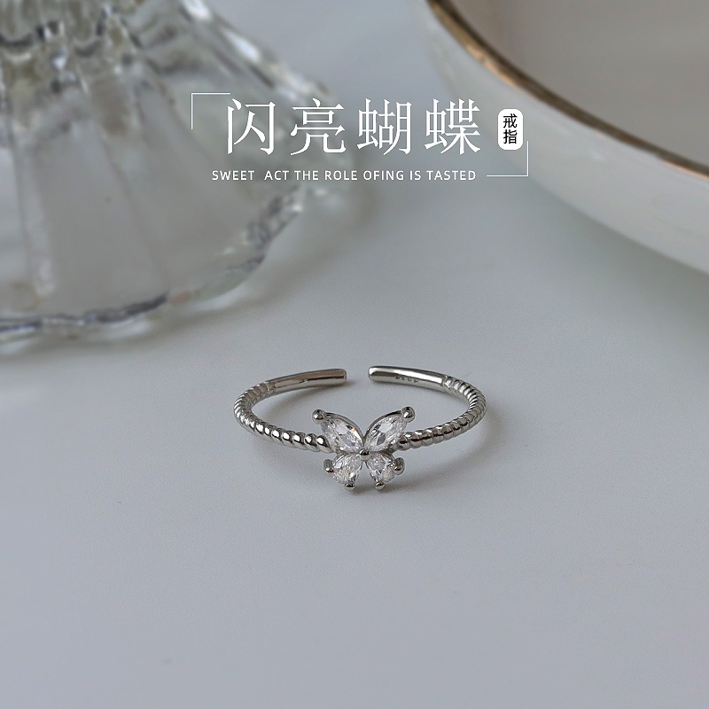 Nhẫn bằng bạc 925 bình bướm đơn giản đính đá giả thời trang cho nữ