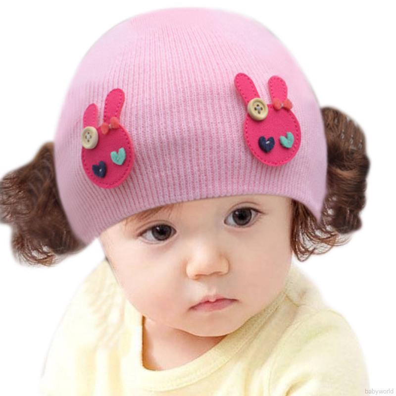 Mũ len trùm đầu phối hai chùm tóc xoăn đáng yêu dễ thương dành cho bé gái