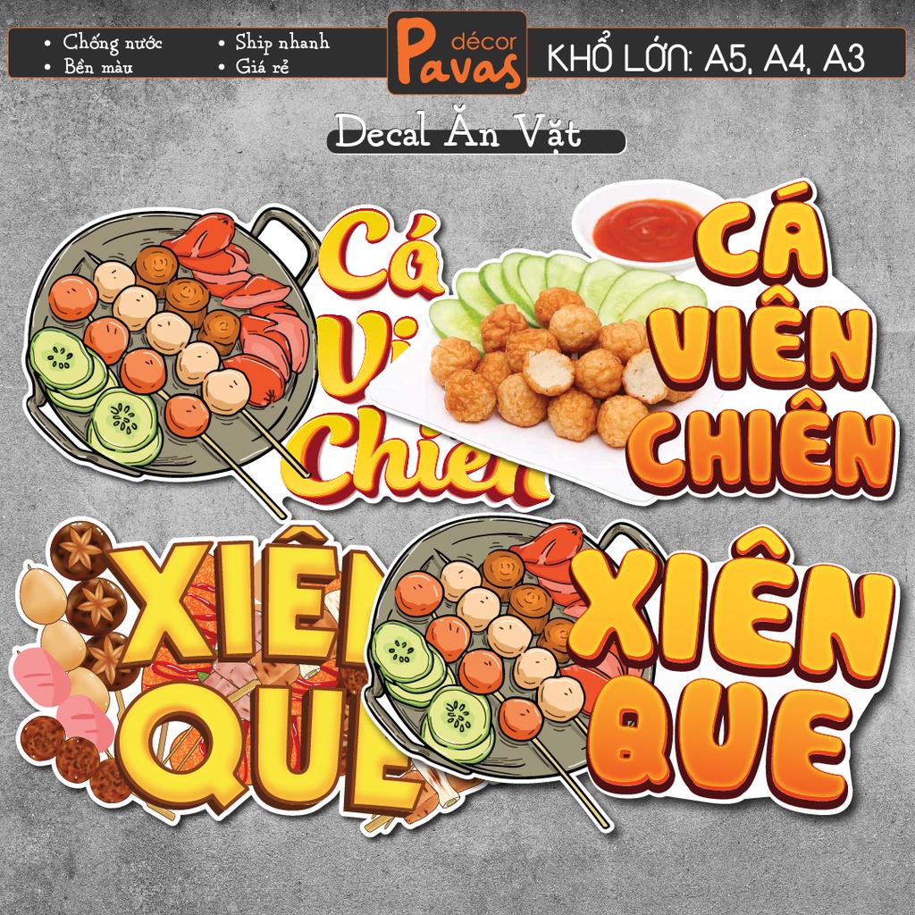 Decal Cá Viên Chiên, Xiên Que Chống Nước Trang Trí Dán Quán Trà Sữa, Cà Phê, Quán Ăn, Dán Tường, Tủ. Ttq06