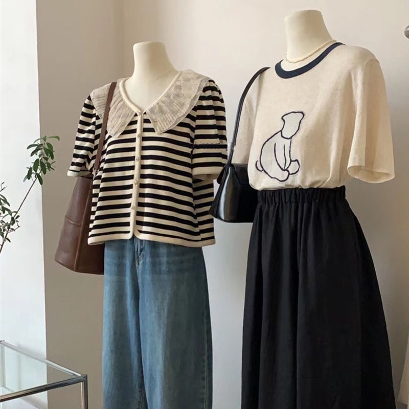 Áo Thun Ngắn Tay Cổ Búp Bê Kẻ Sọc Xinh Xắn Cho Nữ  tao bao